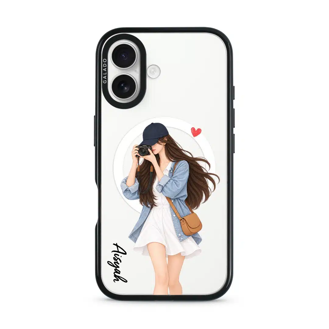 City Snapshot phone case, an illustrated woman in a denim jacket holding a camera