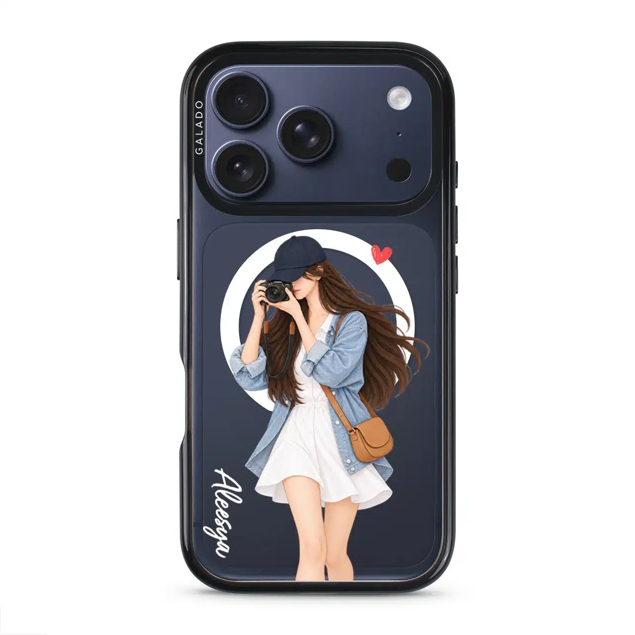 City Snapshot phone case, an illustrated woman in a denim jacket holding a camera