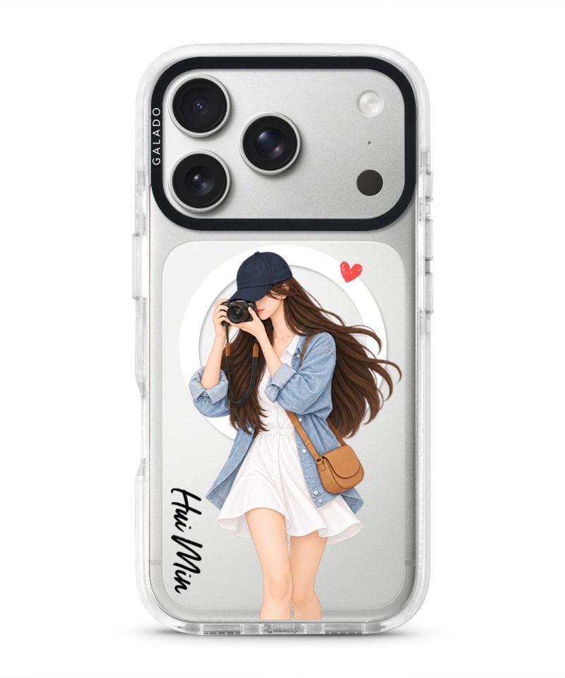 City Snapshot phone case, an illustrated woman in a denim jacket holding a camera
