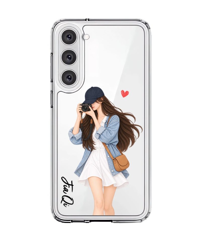 City Snapshot phone case, an illustrated woman in a denim jacket holding a camera