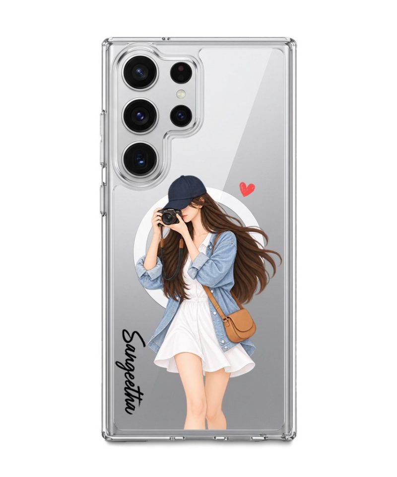 City Snapshot phone case, an illustrated woman in a denim jacket holding a camera