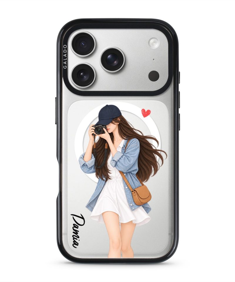 City Snapshot phone case, an illustrated woman in a denim jacket holding a camera