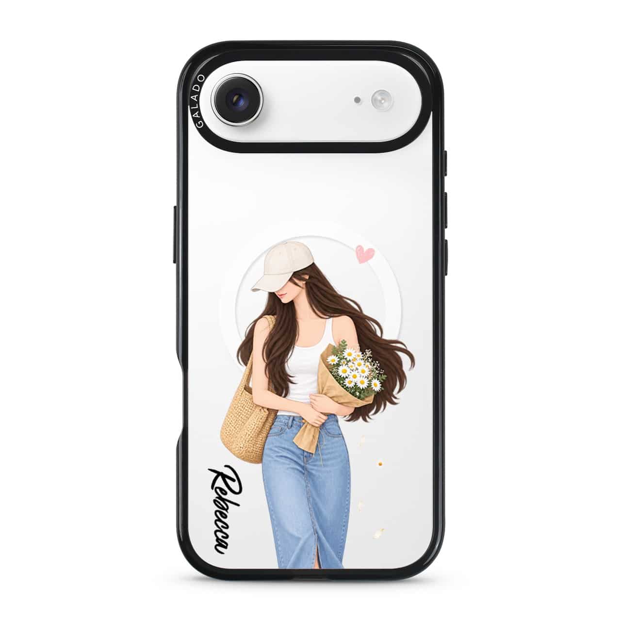 Daisy Days phone case, an illustrated woman in a straw hat holding daisies
