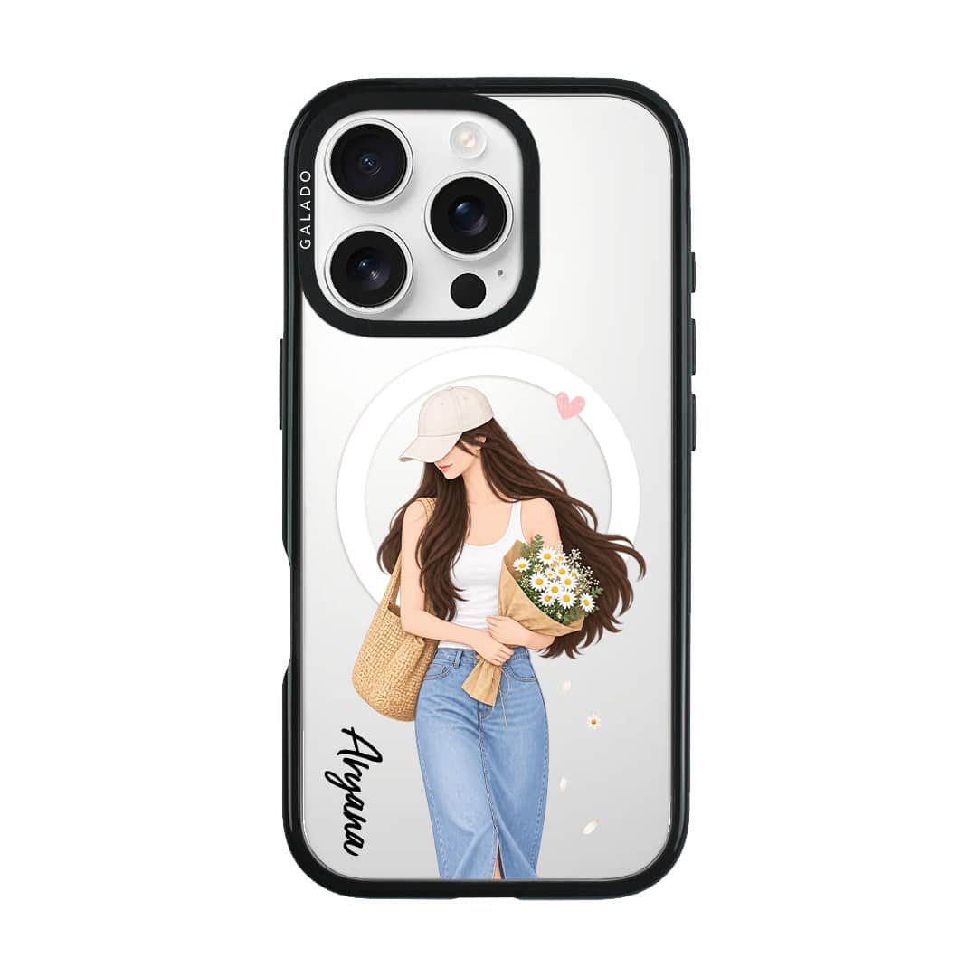 Daisy Days phone case, an illustrated woman in a straw hat holding daisies