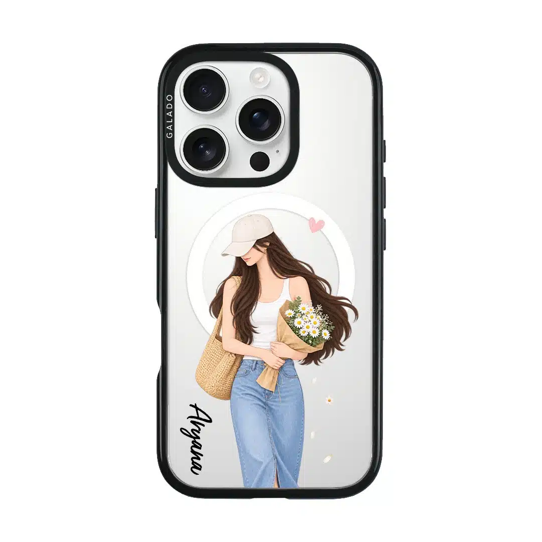 Daisy Days phone case, an illustrated woman in a straw hat holding daisies