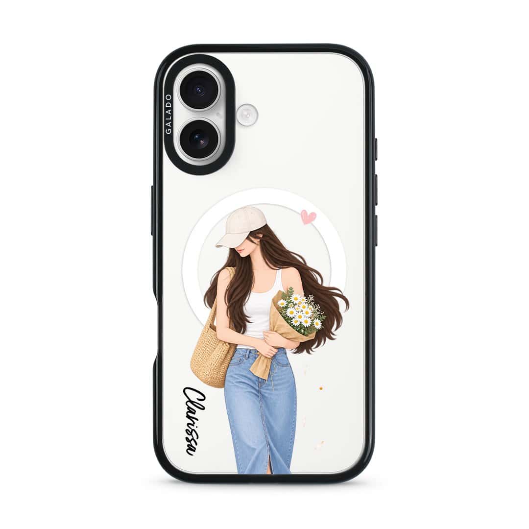 Daisy Days phone case, an illustrated woman in a straw hat holding daisies