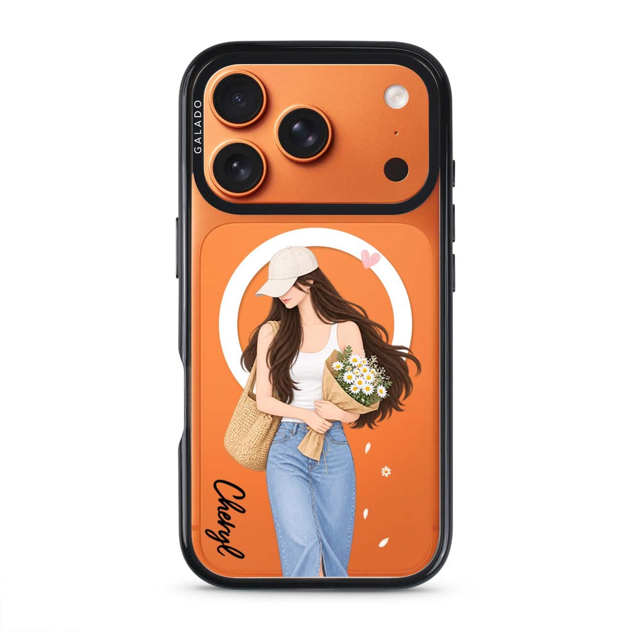 Daisy Days phone case, an illustrated woman in a straw hat holding daisies