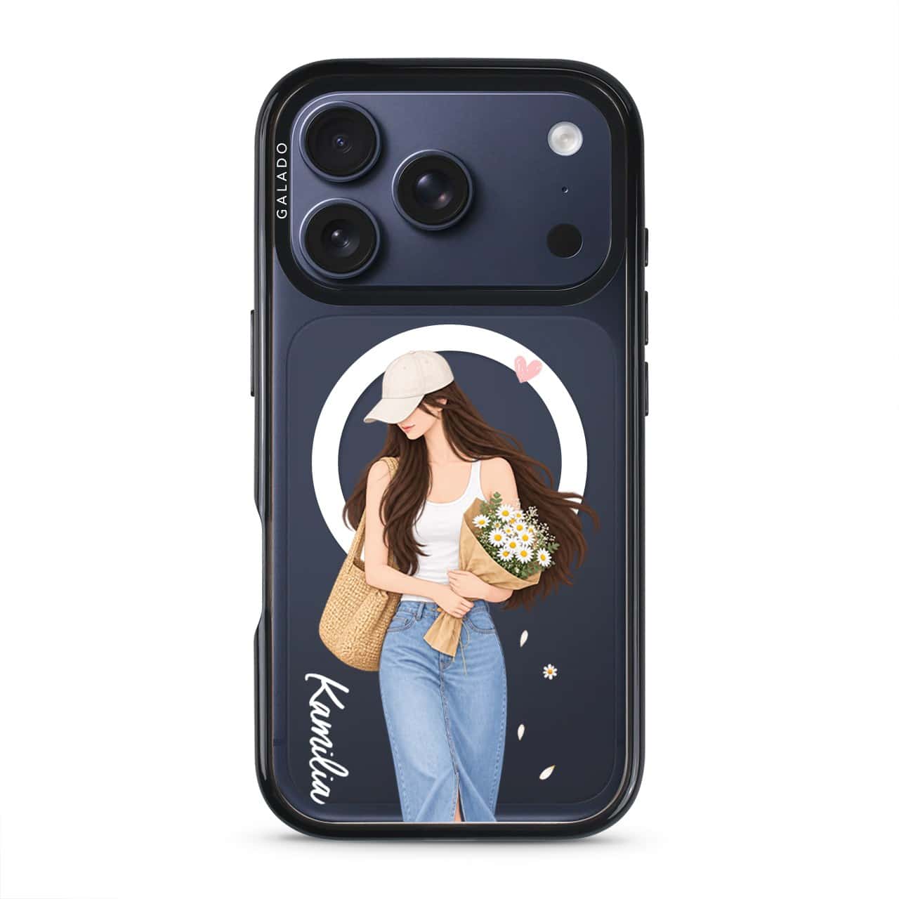Daisy Days phone case, an illustrated woman in a straw hat holding daisies