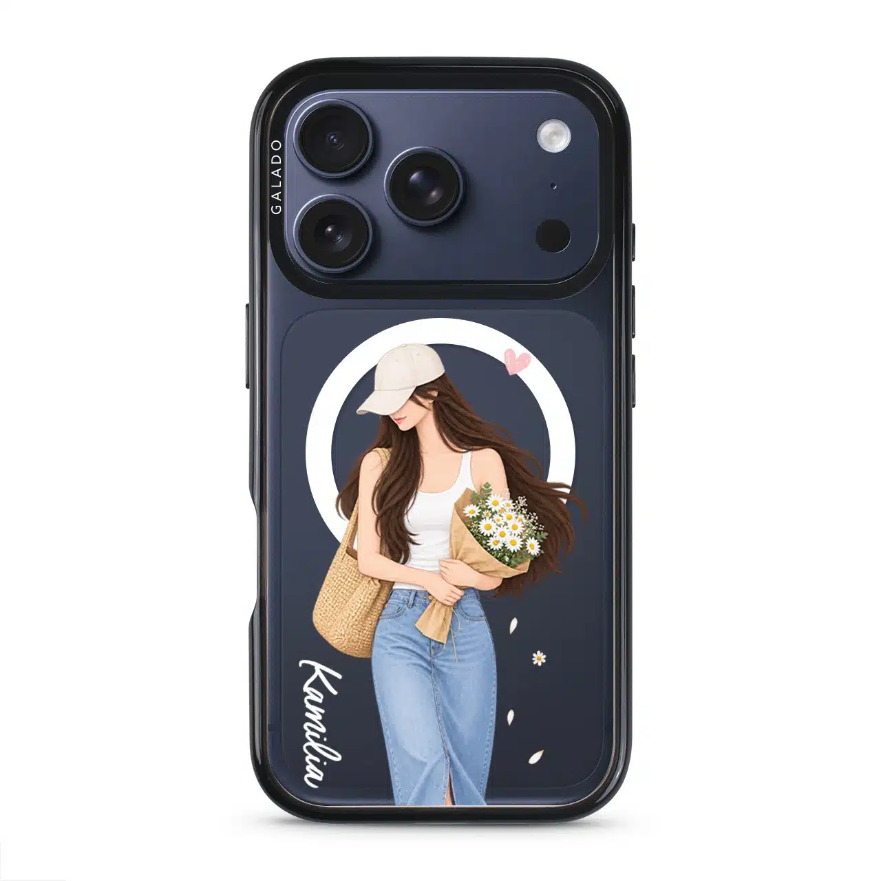 Daisy Days phone case, an illustrated woman in a straw hat holding daisies