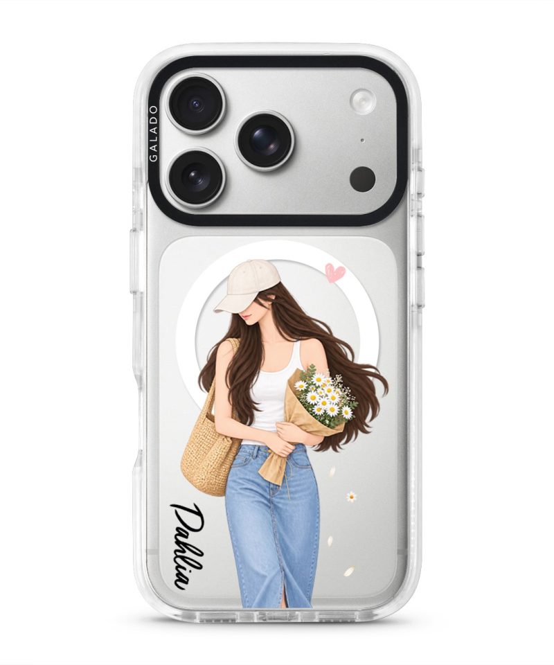 Daisy Days phone case, an illustrated woman in a straw hat holding daisies