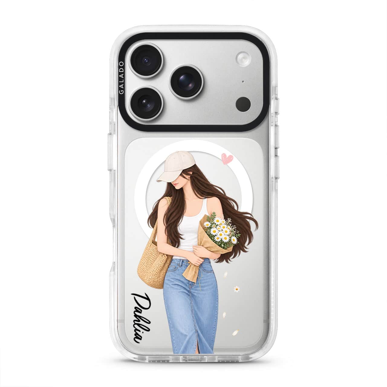 Daisy Days phone case, an illustrated woman in a straw hat holding daisies