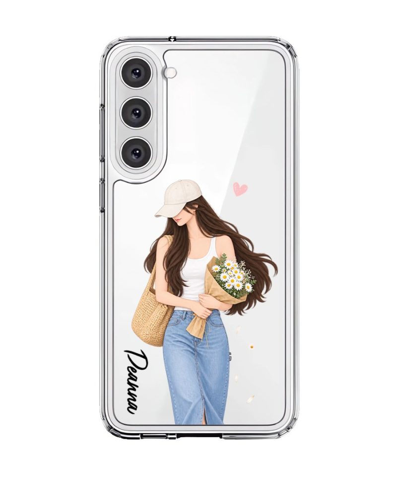 Daisy Days phone case, an illustrated woman in a straw hat holding daisies