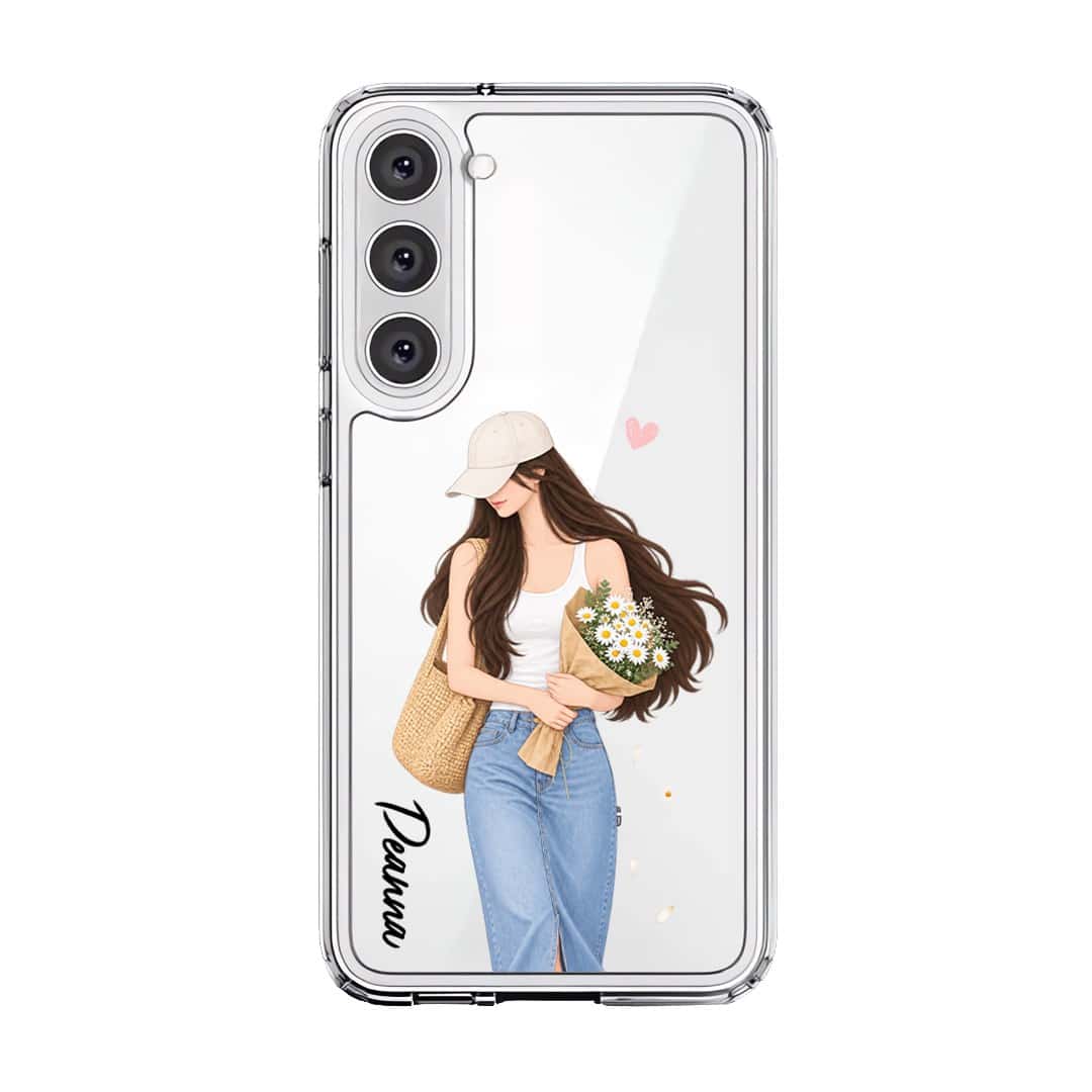 Daisy Days phone case, an illustrated woman in a straw hat holding daisies