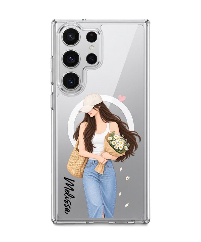 Daisy Days phone case, an illustrated woman in a straw hat holding daisies