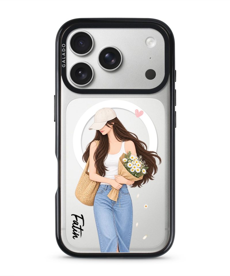 Daisy Days phone case, an illustrated woman in a straw hat holding daisies