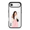 Off Duty phone case, an illustrated woman in a cream cardigan and pink trousers