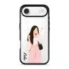 Off Duty phone case, an illustrated woman in a cream cardigan and pink trousers