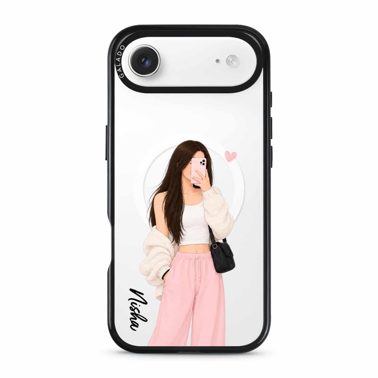 Off Duty phone case, an illustrated woman in a cream cardigan and pink trousers
