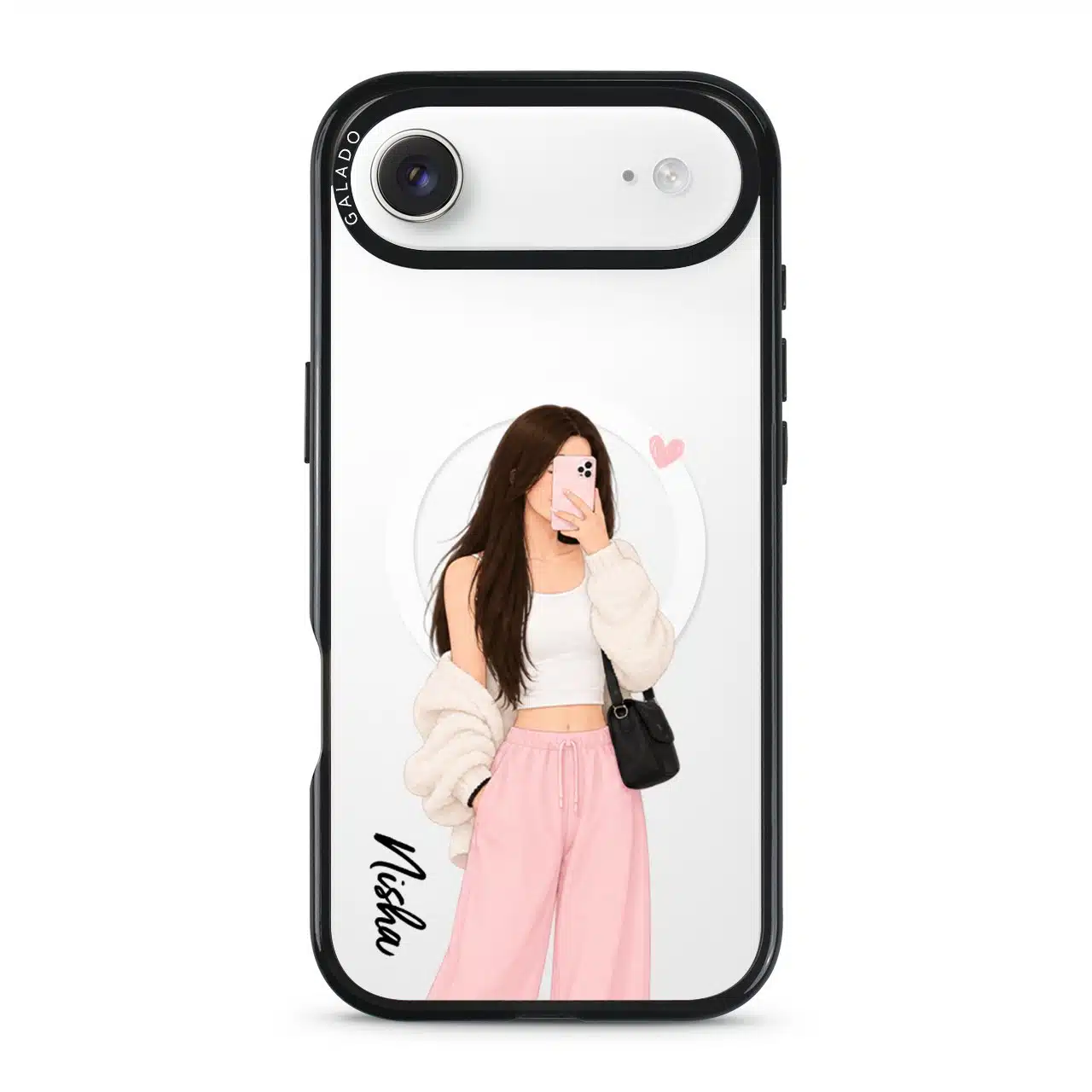 Off Duty phone case, an illustrated woman in a cream cardigan and pink trousers