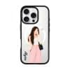Off Duty phone case, an illustrated woman in a cream cardigan and pink trousers