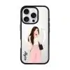 Off Duty phone case, an illustrated woman in a cream cardigan and pink trousers