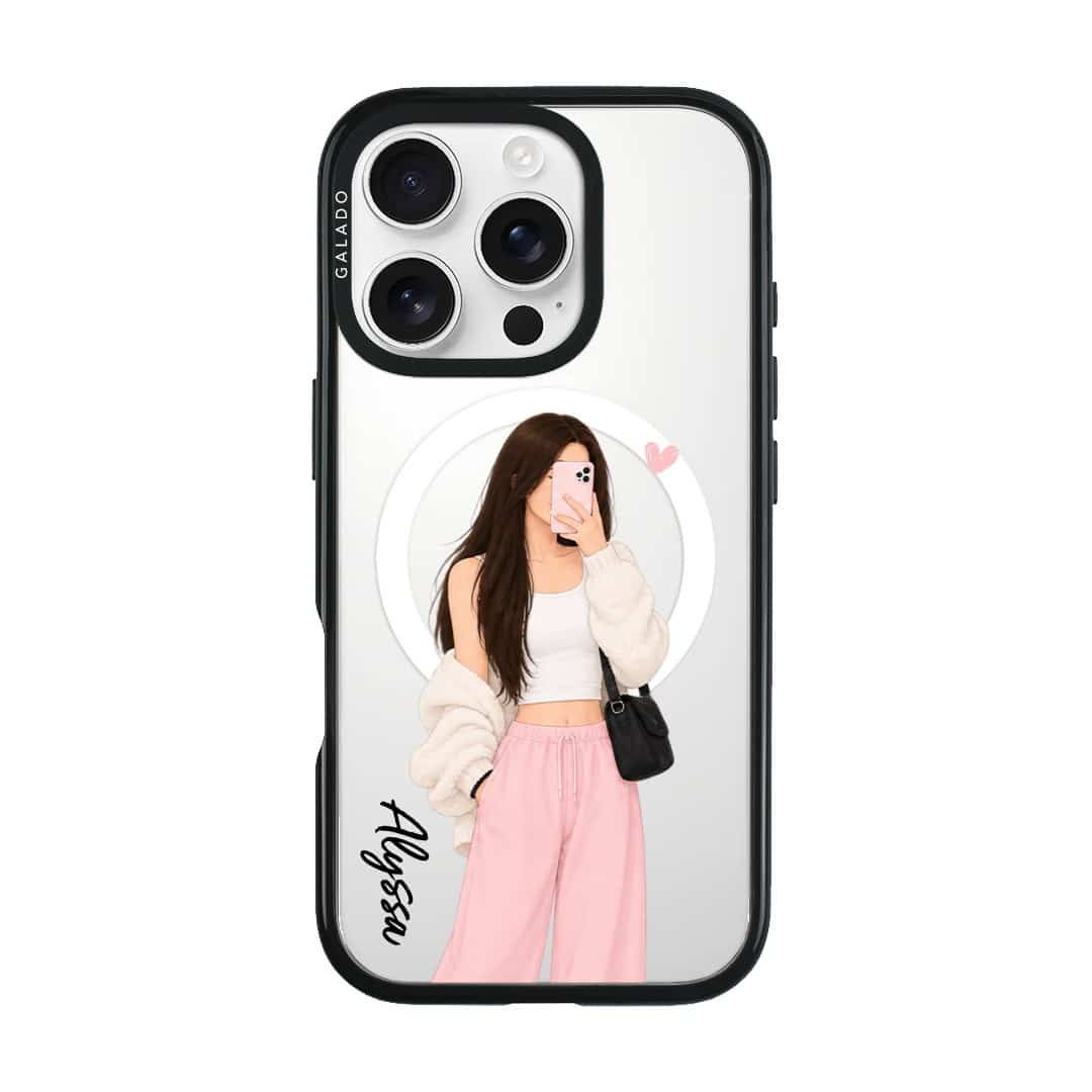 Off Duty phone case, an illustrated woman in a cream cardigan and pink trousers