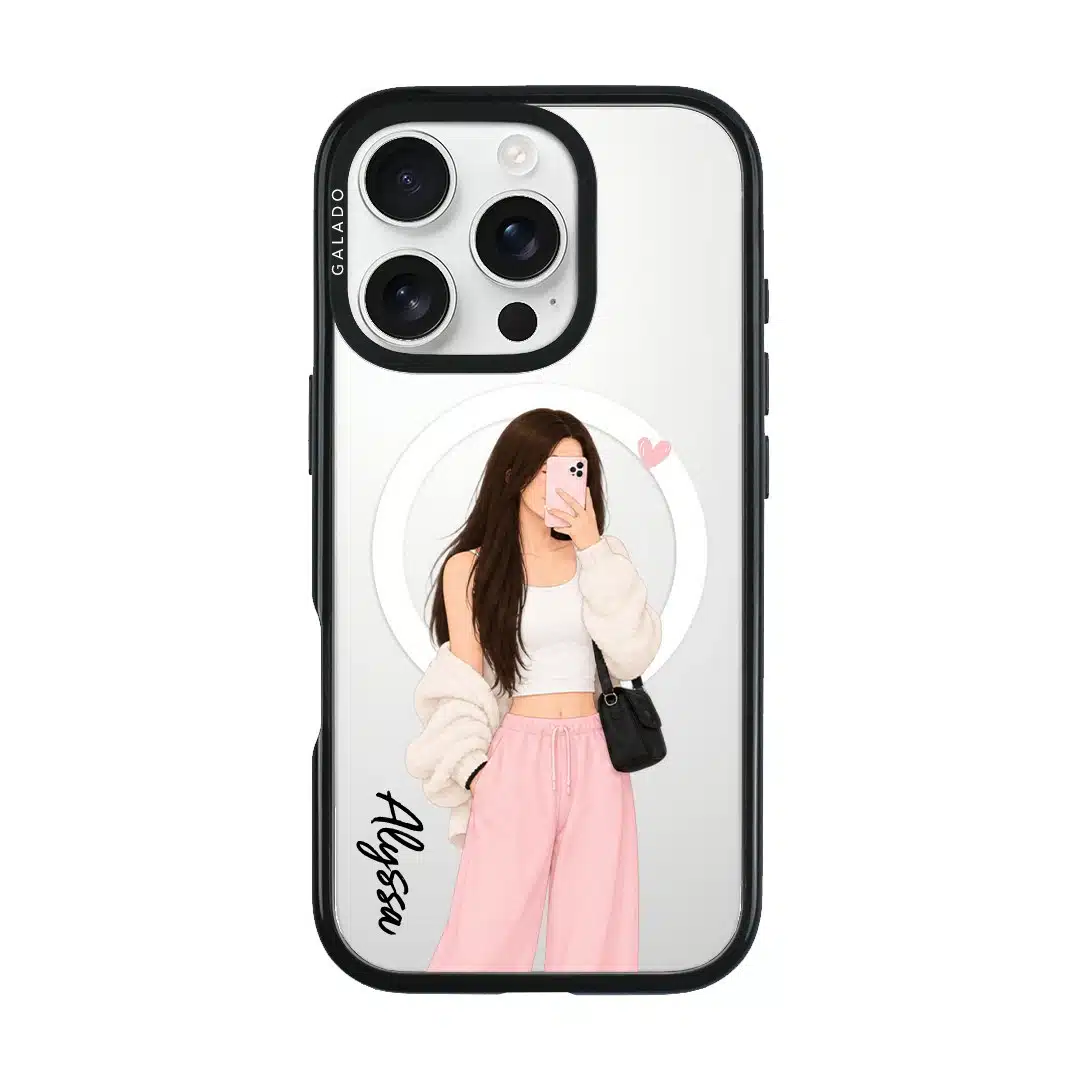 Off Duty phone case, an illustrated woman in a cream cardigan and pink trousers