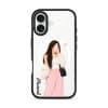 Off Duty phone case, an illustrated woman in a cream cardigan and pink trousers