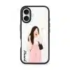 Off Duty phone case, an illustrated woman in a cream cardigan and pink trousers