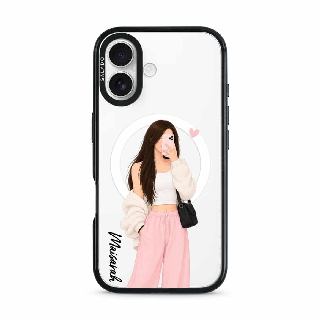 Off Duty phone case, an illustrated woman in a cream cardigan and pink trousers
