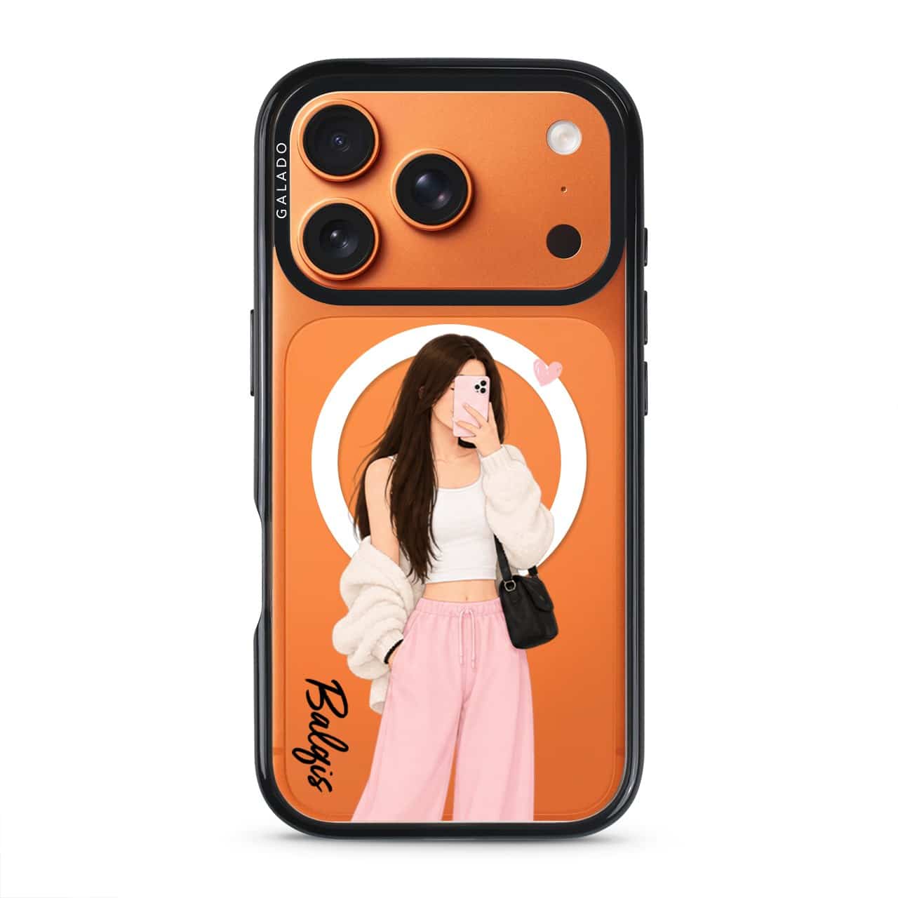 Off Duty phone case, an illustrated woman in a cream cardigan and pink trousers