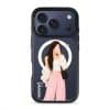 Off Duty phone case, an illustrated woman in a cream cardigan and pink trousers