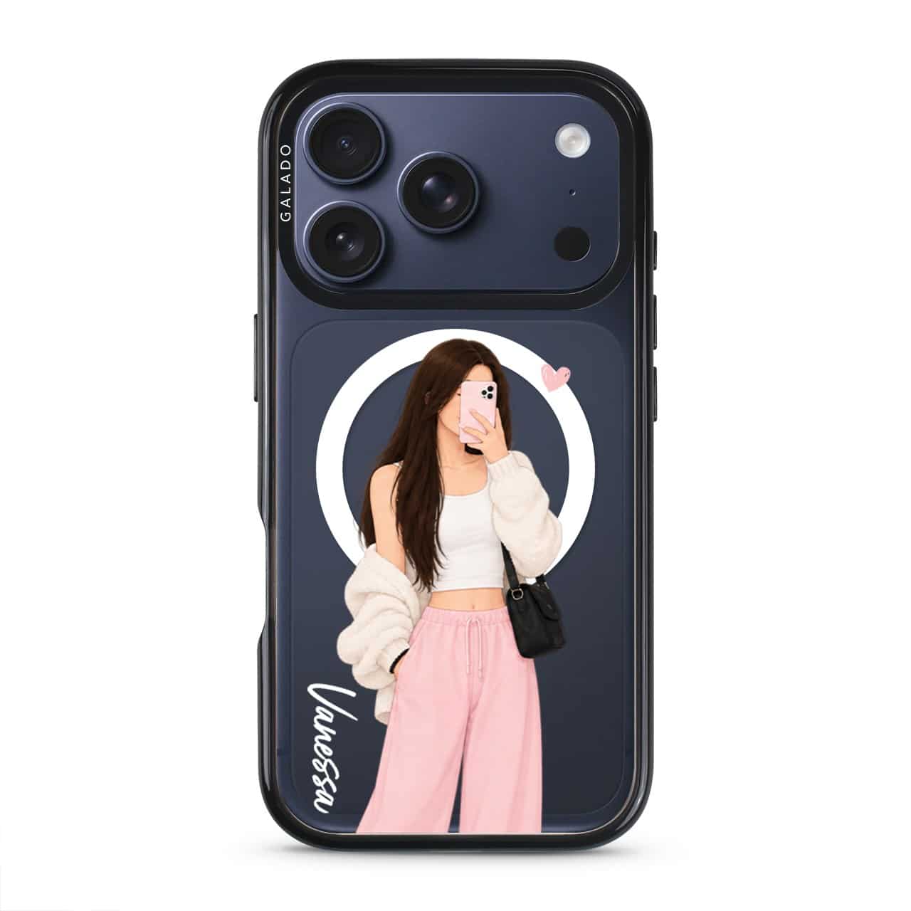 Off Duty phone case, an illustrated woman in a cream cardigan and pink trousers