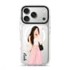Off Duty phone case, an illustrated woman in a cream cardigan and pink trousers