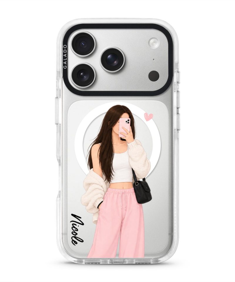 Off Duty phone case, an illustrated woman in a cream cardigan and pink trousers