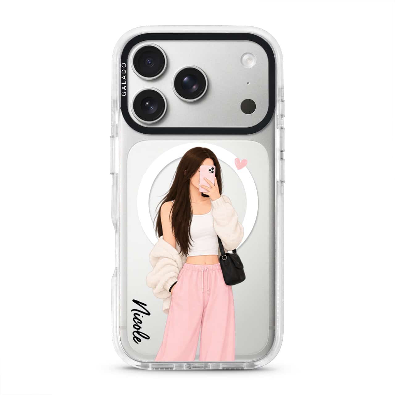 Off Duty phone case, an illustrated woman in a cream cardigan and pink trousers