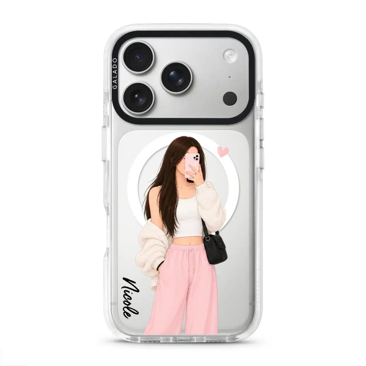 Off Duty phone case, an illustrated woman in a cream cardigan and pink trousers