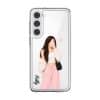 Off Duty phone case, an illustrated woman in a cream cardigan and pink trousers