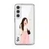 Off Duty phone case, an illustrated woman in a cream cardigan and pink trousers