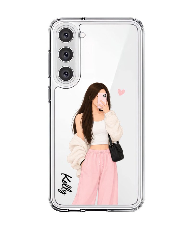 Off Duty phone case, an illustrated woman in a cream cardigan and pink trousers