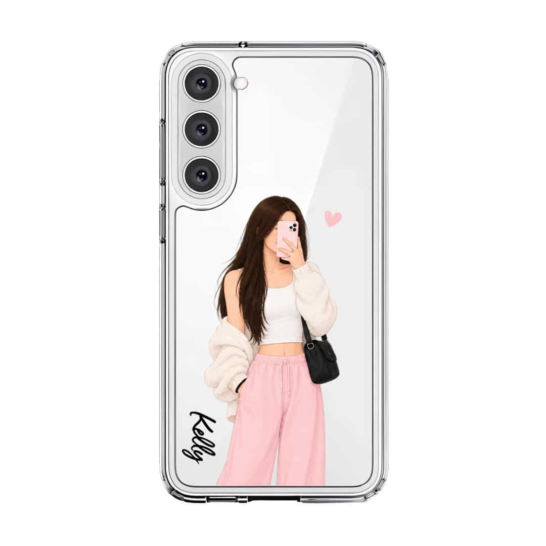 Off Duty phone case, an illustrated woman in a cream cardigan and pink trousers