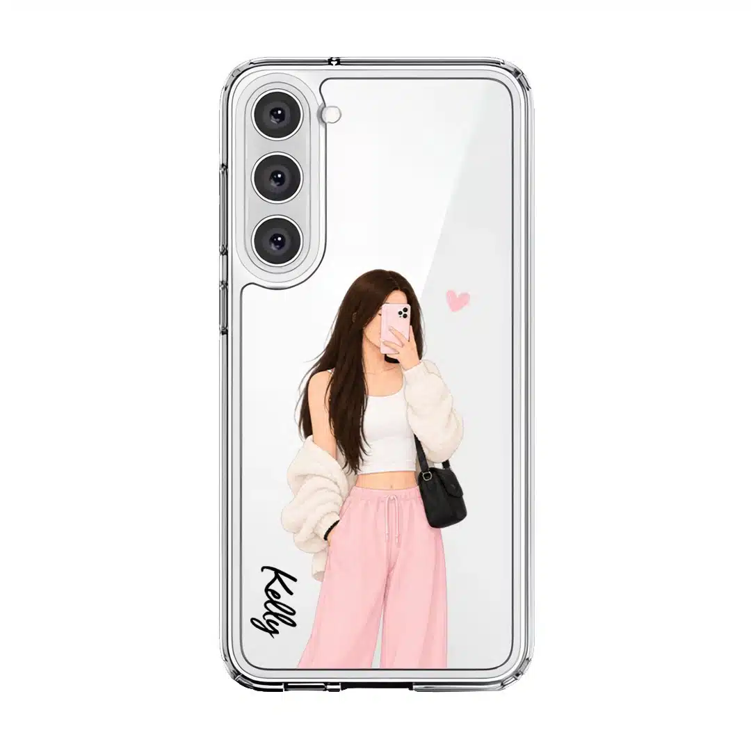 Off Duty phone case, an illustrated woman in a cream cardigan and pink trousers