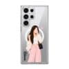 Off Duty phone case, an illustrated woman in a cream cardigan and pink trousers