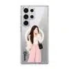 Off Duty phone case, an illustrated woman in a cream cardigan and pink trousers