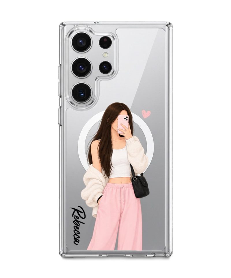 Off Duty phone case, an illustrated woman in a cream cardigan and pink trousers