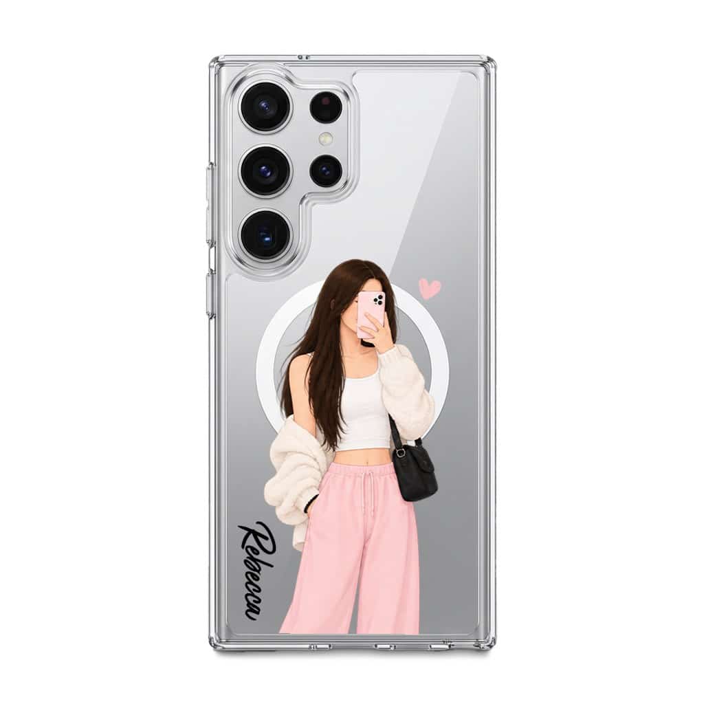 Off Duty phone case, an illustrated woman in a cream cardigan and pink trousers