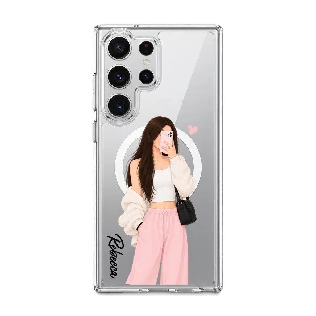 Off Duty phone case, an illustrated woman in a cream cardigan and pink trousers