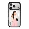 Off Duty phone case, an illustrated woman in a cream cardigan and pink trousers