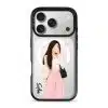 Off Duty phone case, an illustrated woman in a cream cardigan and pink trousers