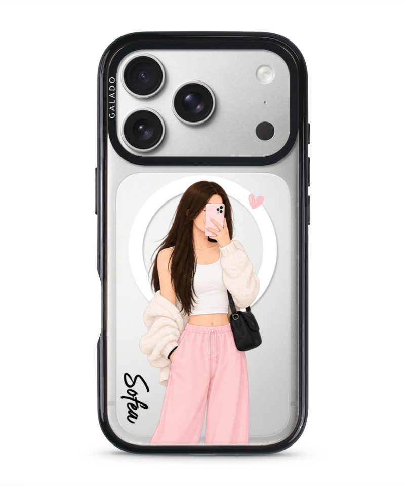 Off Duty phone case, an illustrated woman in a cream cardigan and pink trousers